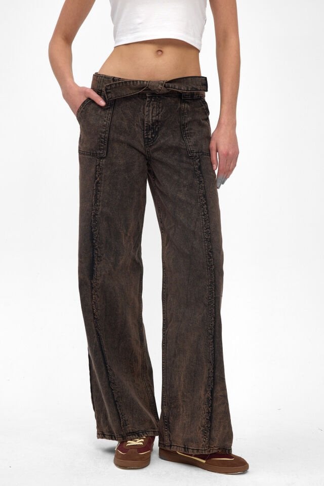 Püsküllü Kadın Jean Pantolon Mocha Tintli Kuşaklı Wide Leg