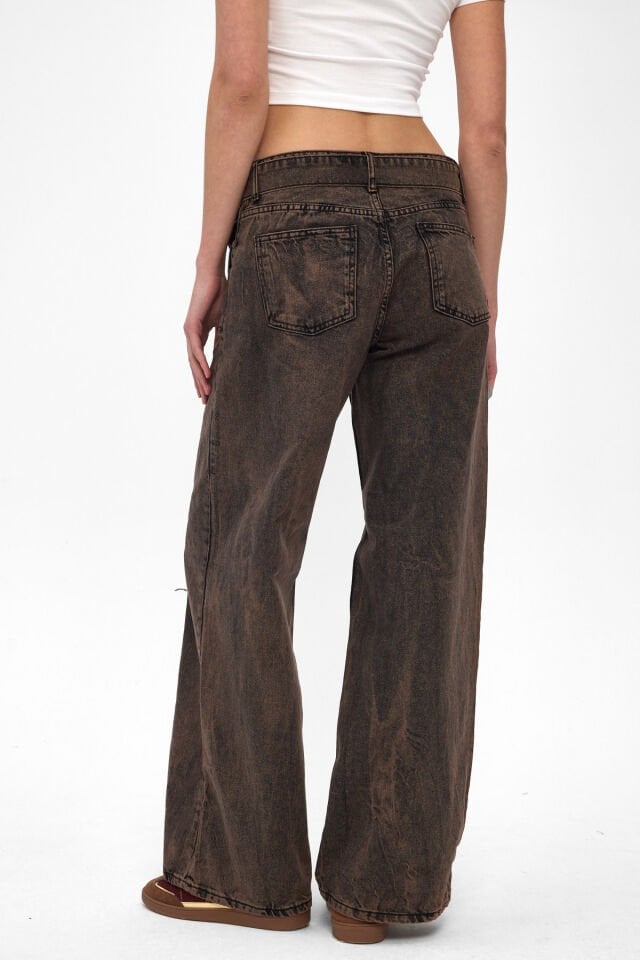 Püsküllü Kadın Jean Pantolon Mocha Tintli Kuşaklı Wide Leg
