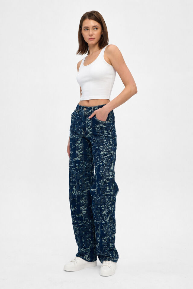 Jakarlı Kadın Jean Pantolon İndigo Wide Leg Yüksek Bel
