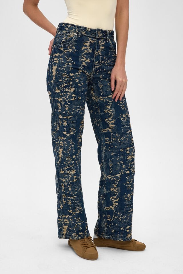 Jakarlı Kadın Jean Pantolon İndigo Gold Tint Wide Leg Yüksek Bel