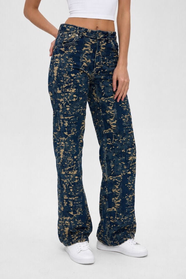 Jakarlı Kadın Jean Pantolon İndigo Gold Tint Wide Leg Yüksek Bel