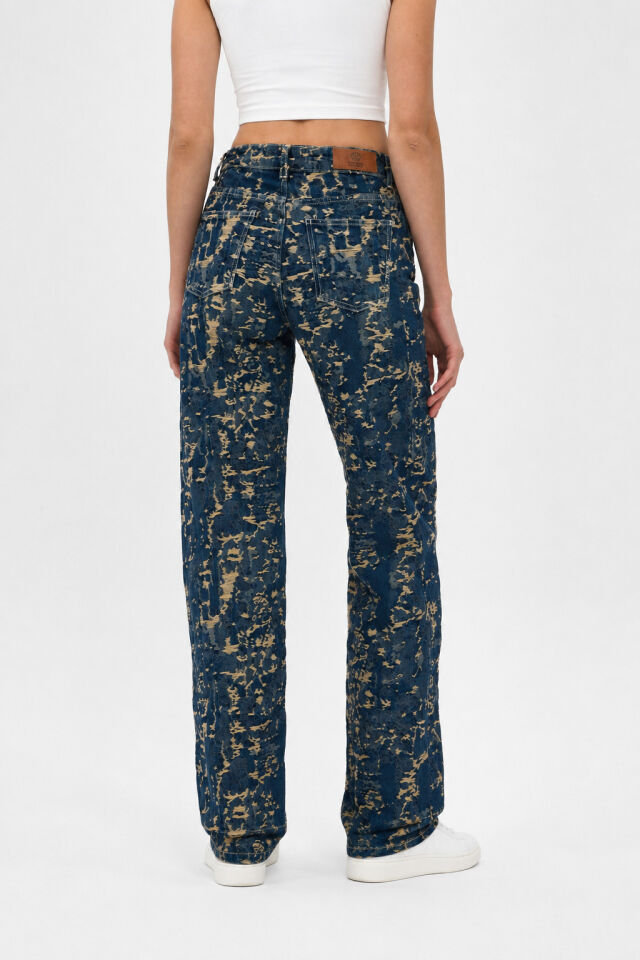 Jakarlı Kadın Jean Pantolon İndigo Gold Tint Wide Leg Yüksek Bel