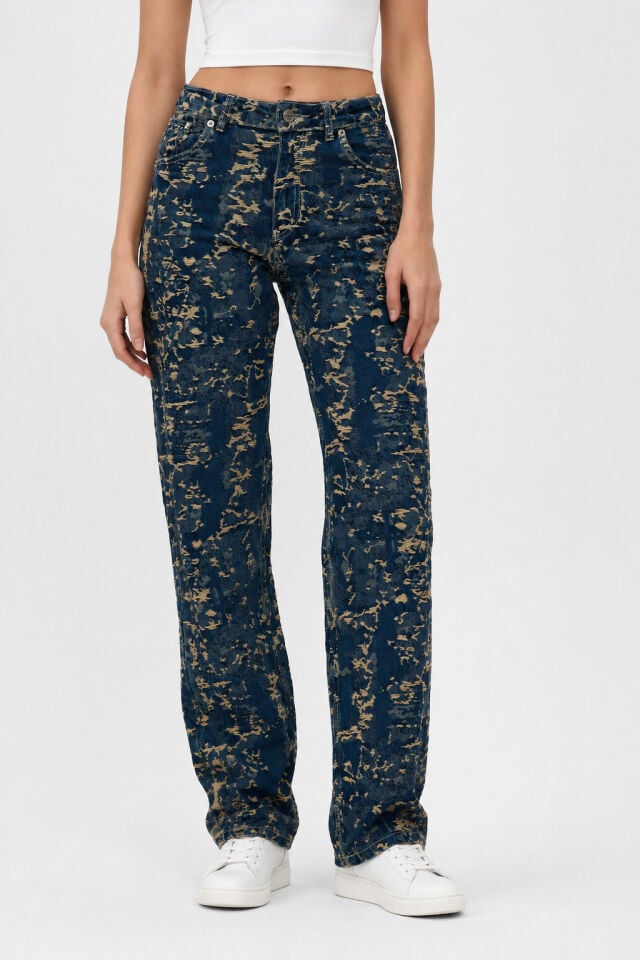 Jakarlı Kadın Jean Pantolon İndigo Gold Tint Wide Leg Yüksek Bel