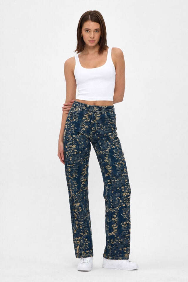 Jakarlı Kadın Jean Pantolon İndigo Gold Tint Wide Leg Yüksek Bel
