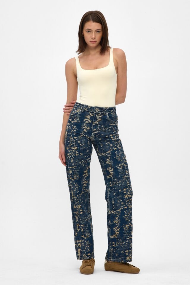 Jakarlı Kadın Jean Pantolon İndigo Gold Tint Wide Leg Yüksek Bel
