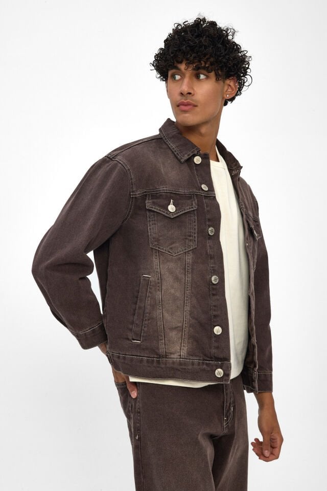 Erkek Denim Ceket Kahverengi Oversize Kot Ceket