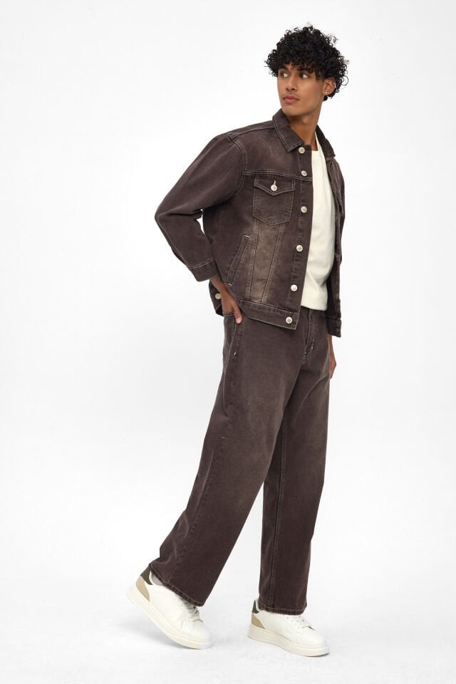 Erkek Denim Takım Kahverengi Ceket Loose Fit Pantolon