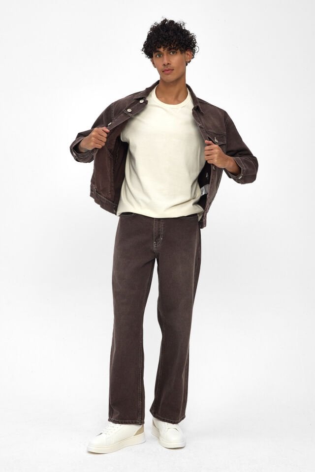 Erkek Denim Takım Kahverengi Ceket Loose Fit Pantolon