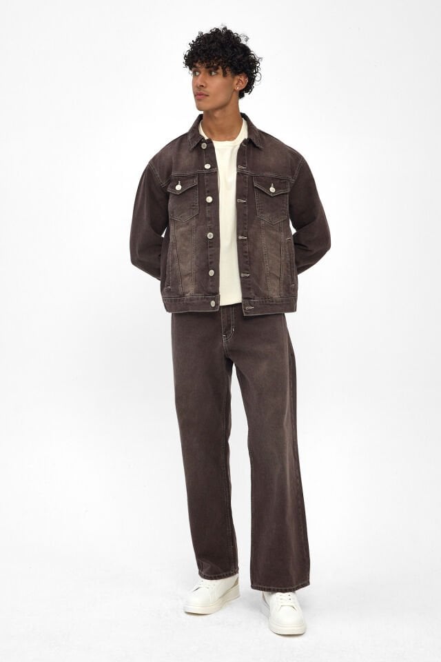 Erkek Denim Takım Kahverengi Ceket Loose Fit Pantolon