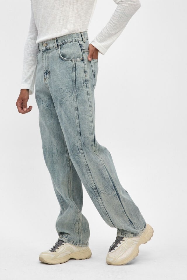 Erkek Baggy Jean Açık Mavi Yıkamalı Rahat Kalıp Denim Pantolon
