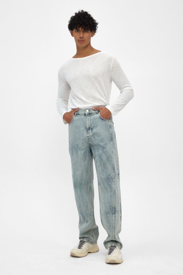 Erkek Baggy Jean Açık Mavi Yıkamalı Rahat Kalıp Denim Pantolon