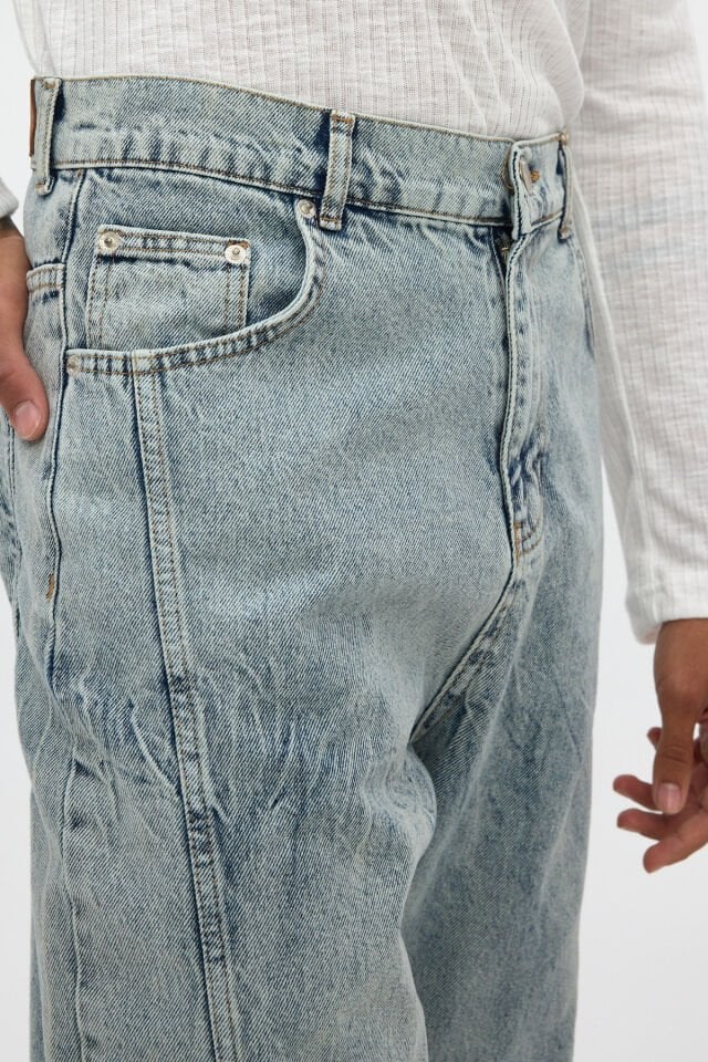 Erkek Baggy Jean Açık Mavi Yıkamalı Rahat Kalıp Denim Pantolon