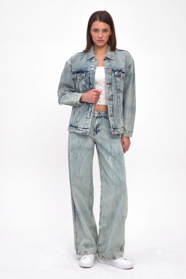 Kadın Denim Takım Açık Mavi Ceket Wide Leg Pantolon