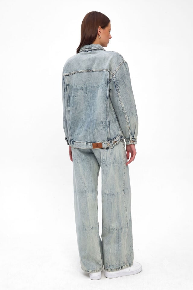 Kadın Denim Takım Açık Mavi Ceket Wide Leg Pantolon