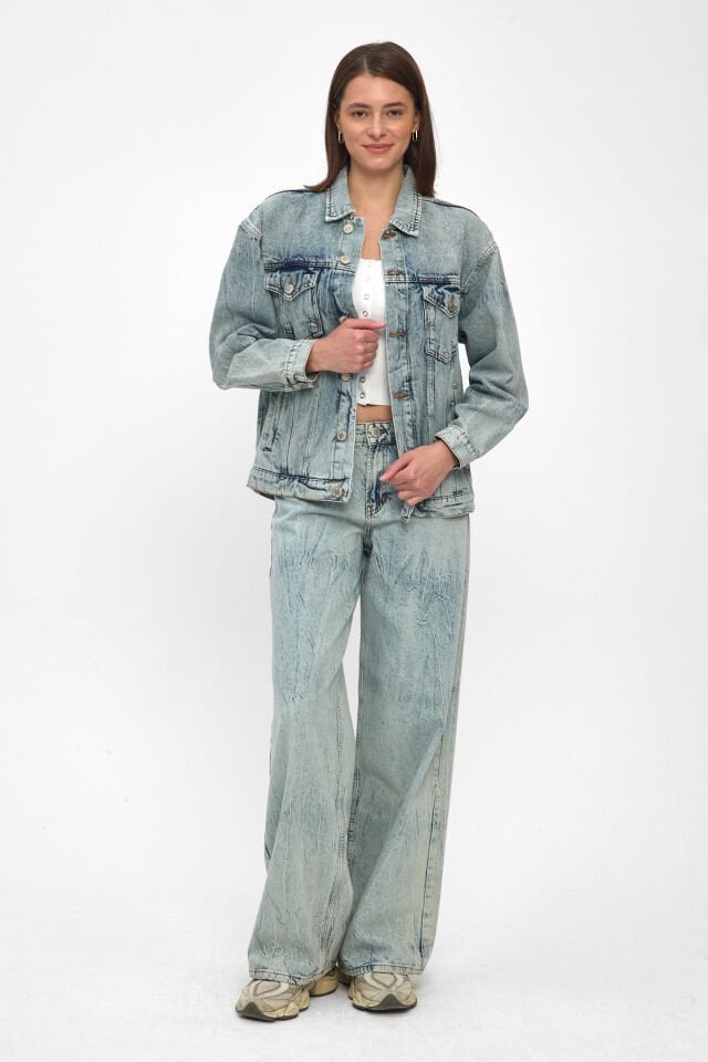 Kadın Denim Takım Açık Mavi Ceket Wide Leg Pantolon