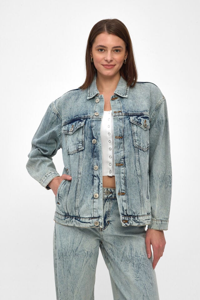 Kadın Denim Takım Açık Mavi Ceket Wide Leg Pantolon