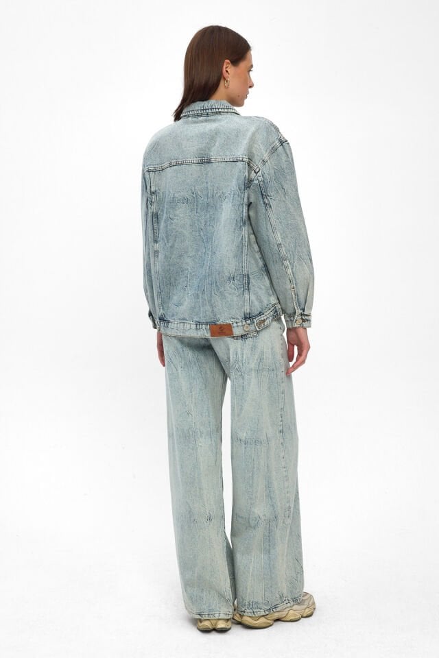 Kadın Denim Takım Açık Mavi Ceket Wide Leg Pantolon