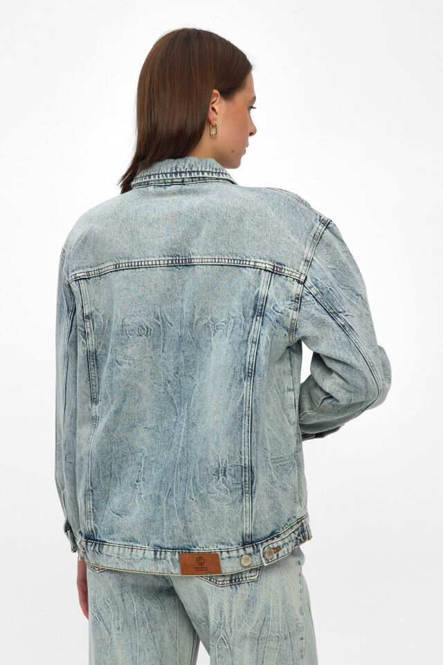Kadın Denim Takım Açık Mavi Ceket Wide Leg Pantolon