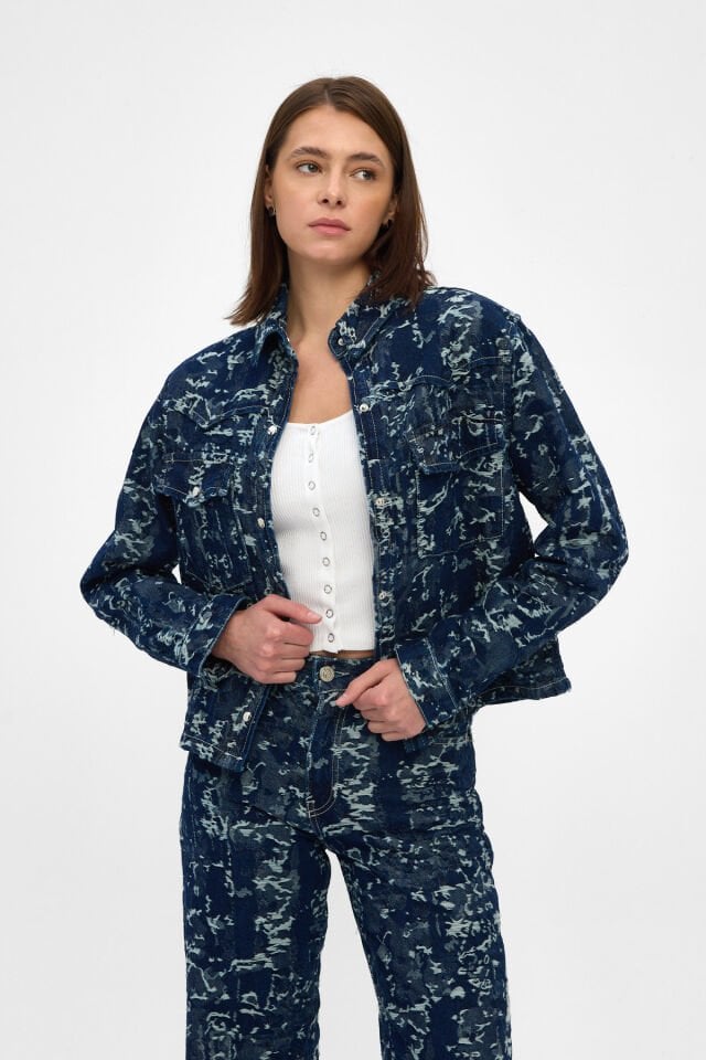 Jakarlı Kadın Denim Ceket İndigo Oversize Rahat Kalıp