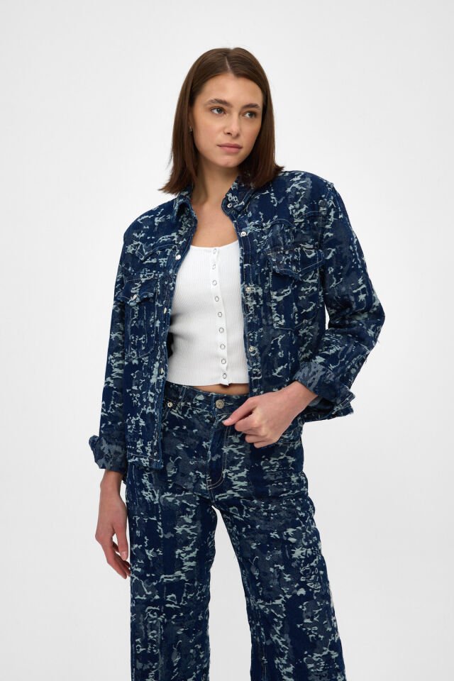 Jakarlı Kadın Denim Ceket İndigo Oversize Rahat Kalıp