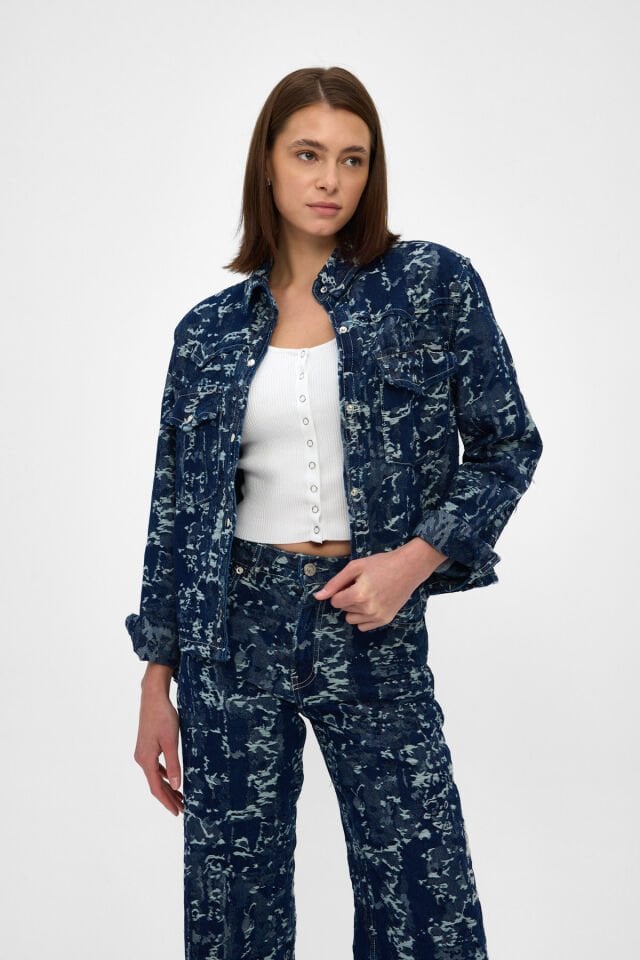 Jakarlı Kadın Denim Ceket İndigo Oversize Rahat Kalıp