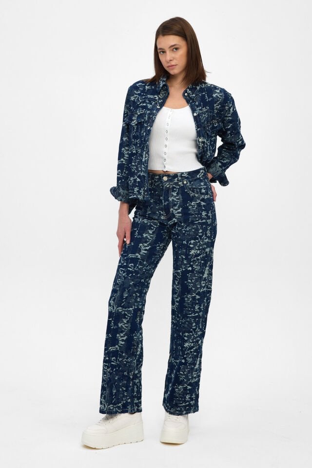 Kadın Denim Takım İndigo Jakarlı Ceket Pantolon