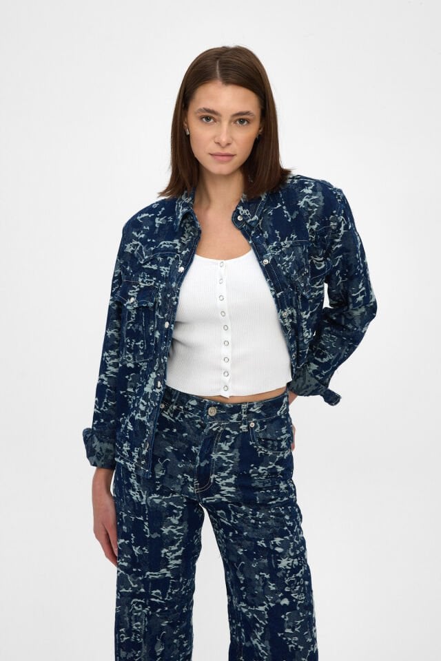 Kadın Denim Takım İndigo Jakarlı Ceket Pantolon
