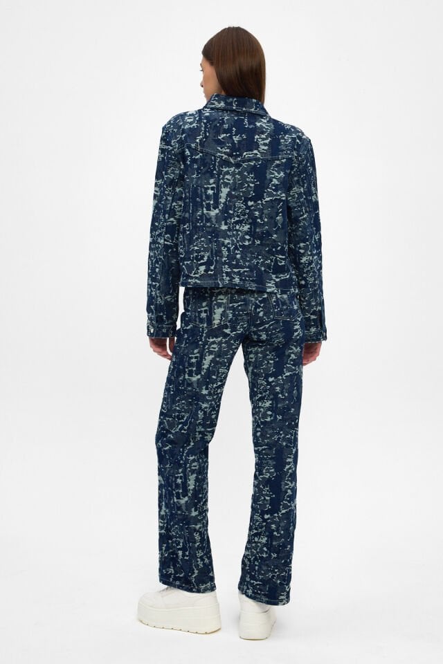 Kadın Denim Takım İndigo Jakarlı Ceket Pantolon