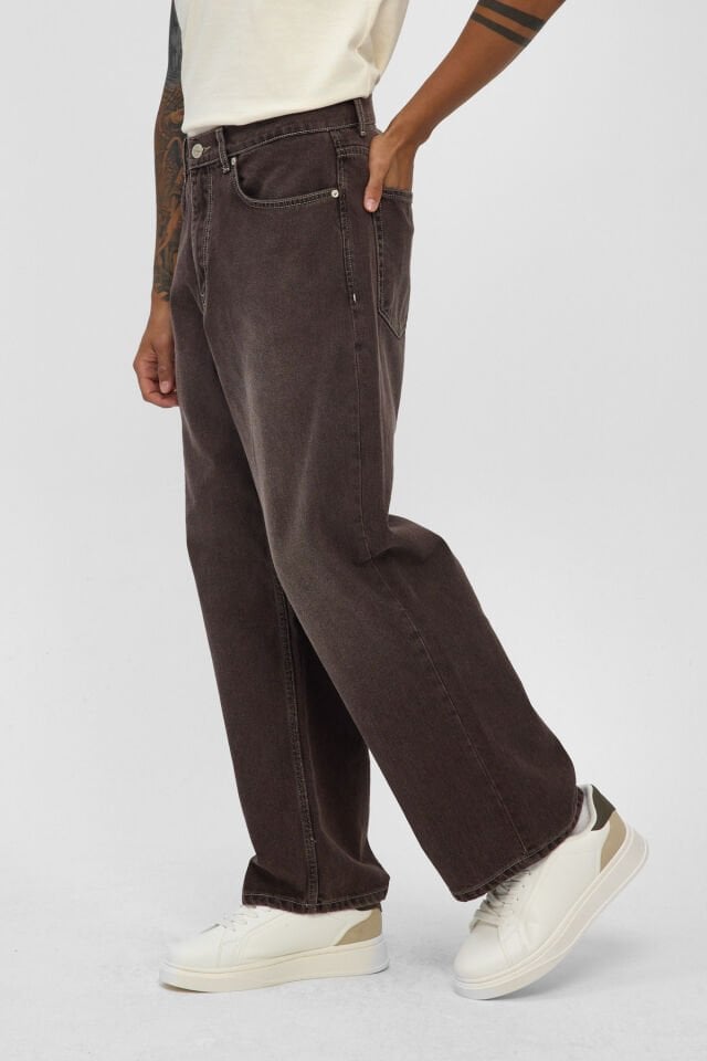 Kahverengi Erkek Jean Pantolon Loose Fit Denim Pantolon