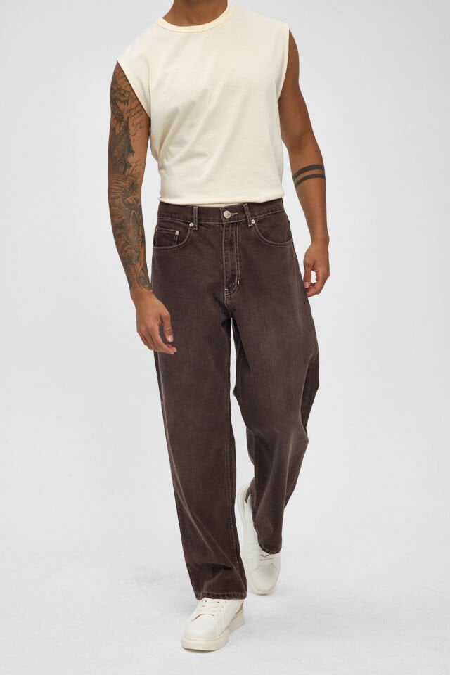Kahverengi Erkek Jean Pantolon Loose Fit Denim Pantolon