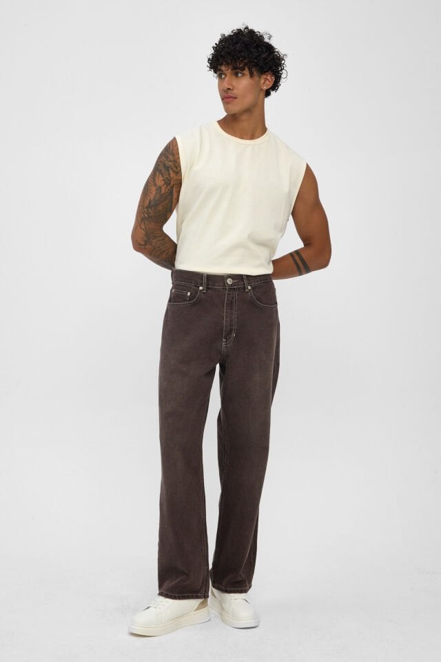 Kahverengi Erkek Jean Pantolon Loose Fit Denim Pantolon