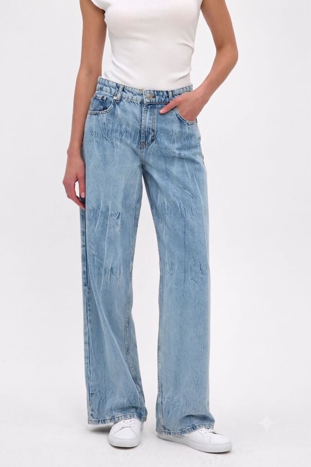 Kadın Wide Leg Jean Pantolon Açık Mavi Bağlama Efektli