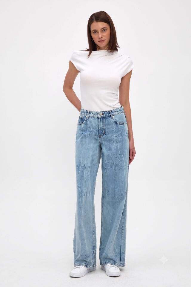 Kadın Wide Leg Jean Pantolon Açık Mavi Bağlama Efektli