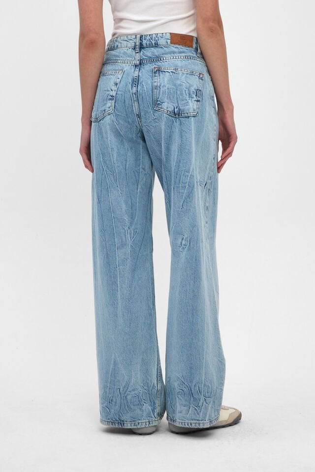 Kadın Wide Leg Jean Pantolon Açık Mavi Bağlama Efektli