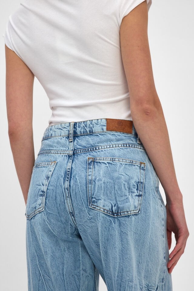 Kadın Wide Leg Jean Pantolon Açık Mavi Bağlama Efektli