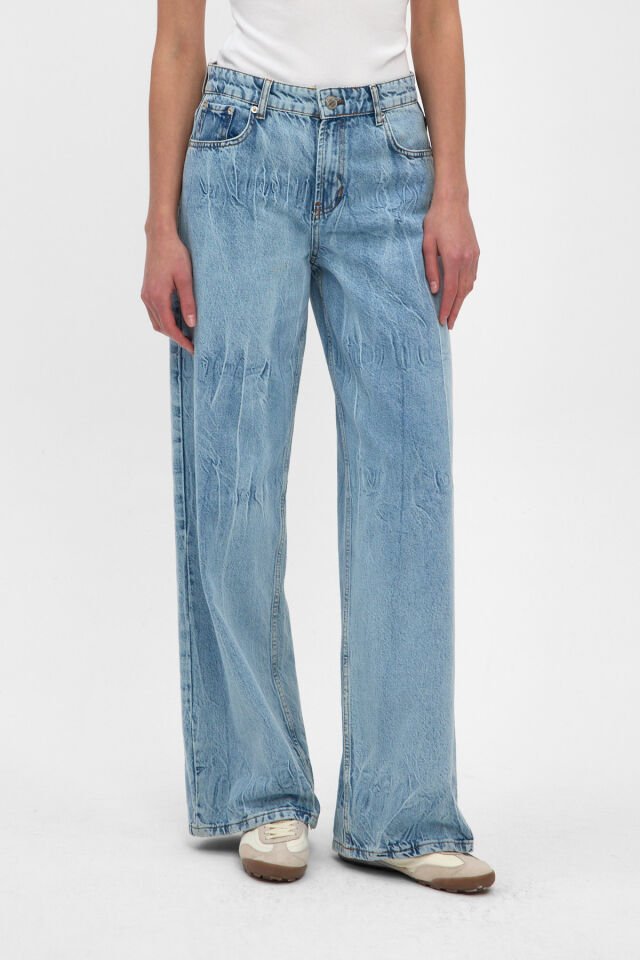 Kadın Wide Leg Jean Pantolon Açık Mavi Bağlama Efektli