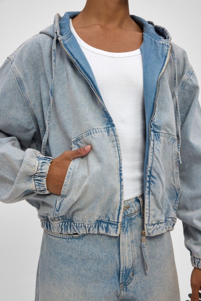 Kapüşonlu Erkek Denim Ceket Açık Mavi Fermuarlı Rahat Kalıp