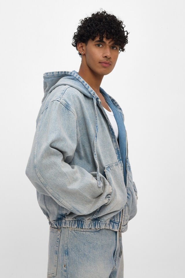 Erkek Denim Takım Açık Mavi Kapüşonlu Ceket Loose Fit Pantolon