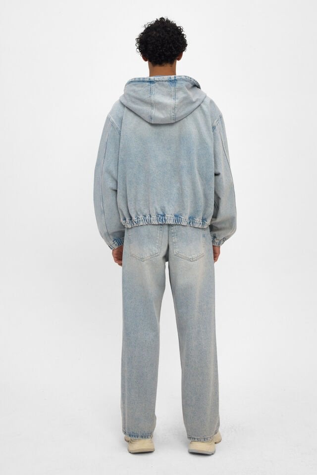 Erkek Denim Takım Açık Mavi Kapüşonlu Ceket Loose Fit Pantolon