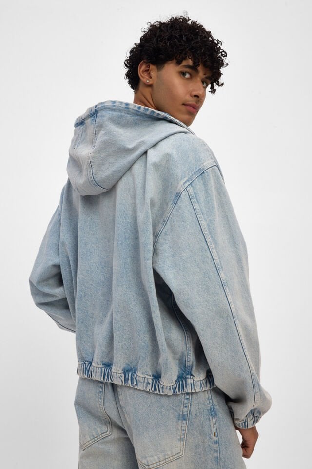 Erkek Denim Takım Açık Mavi Kapüşonlu Ceket Loose Fit Pantolon