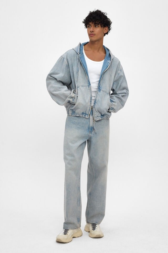 Erkek Denim Takım Açık Mavi Kapüşonlu Ceket Loose Fit Pantolon