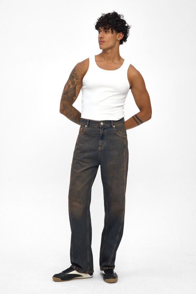 Erkek Baggy Jean Pantolon Mocha Tintli Yıkamalı Denim