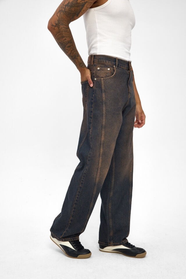 Erkek Baggy Jean Pantolon Mocha Tintli Yıkamalı Denim