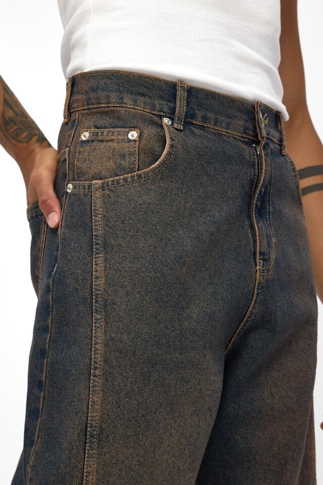 Erkek Baggy Jean Pantolon Mocha Tintli Yıkamalı Denim