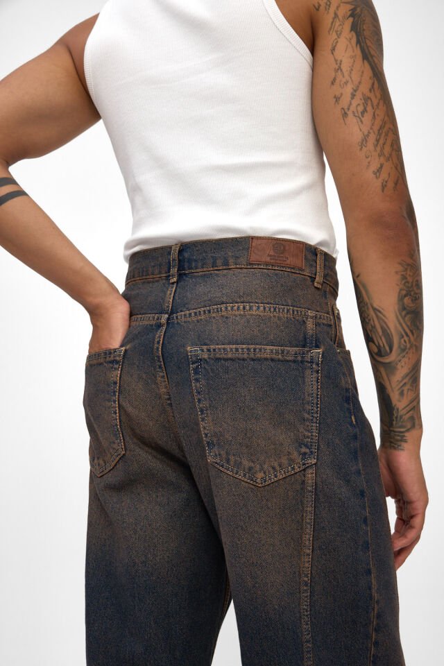 Erkek Baggy Jean Pantolon Mocha Tintli Yıkamalı Denim