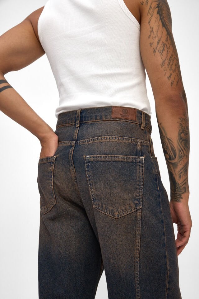 Erkek Baggy Jean Pantolon Mocha Tintli Yıkamalı Denim