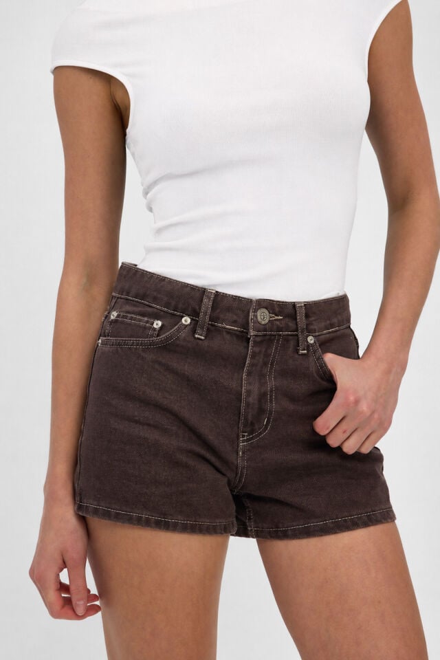 Kahverengi Kadın Jean Şort Yüksek Bel Denim Şort