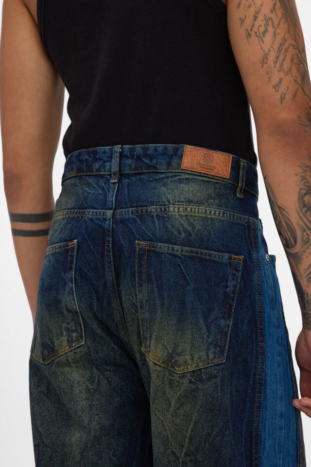 Erkek Baggy Jean Pantolon İndigo Kontrast Yıkamalı Rahat Kalıp