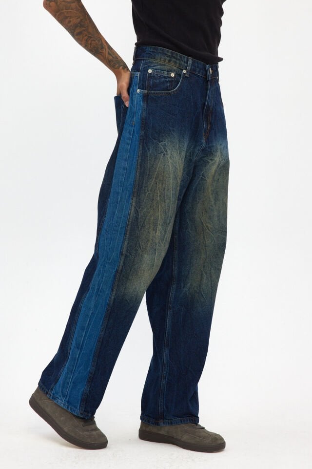 Erkek Baggy Jean Pantolon İndigo Kontrast Yıkamalı Rahat Kalıp