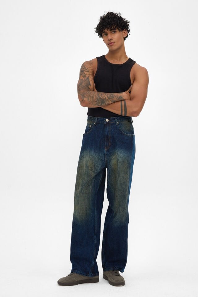 Erkek Baggy Jean Pantolon İndigo Kontrast Yıkamalı Rahat Kalıp
